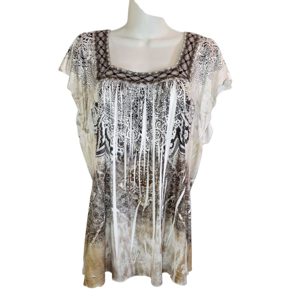 Energe Tunic Top L White Brown Paisley Print silky soft Y2K bohemian